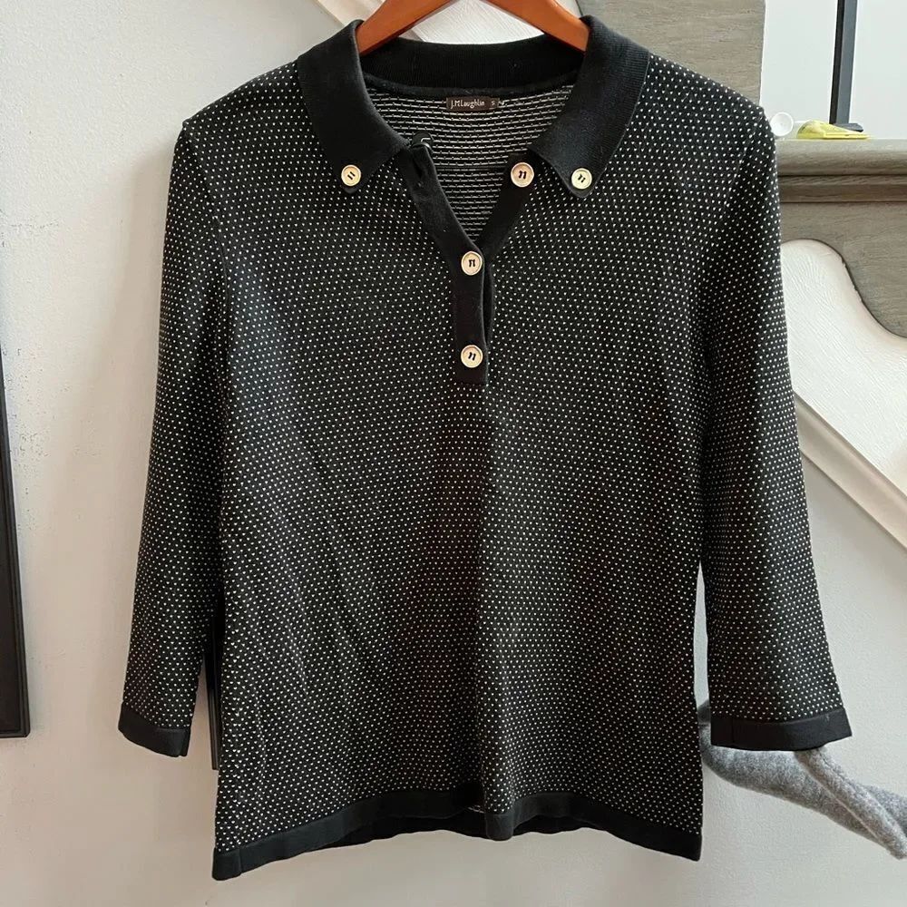 J. McLaughlin Black Printed Button Collar Sweater sz S